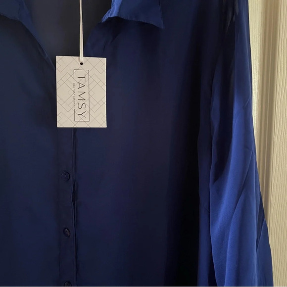 Tamsy Womens Blue Cover Up Shirt Dress Large Beachwear Button Up Billowy Sheer - Picture 9 of 17